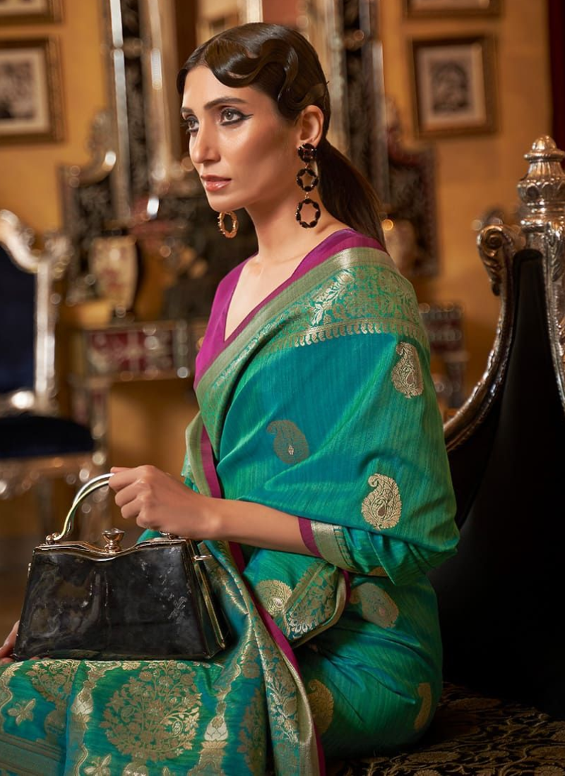 Trendy Tussar Silk Weaving Work Teal Green Saree With Contrast Blouse