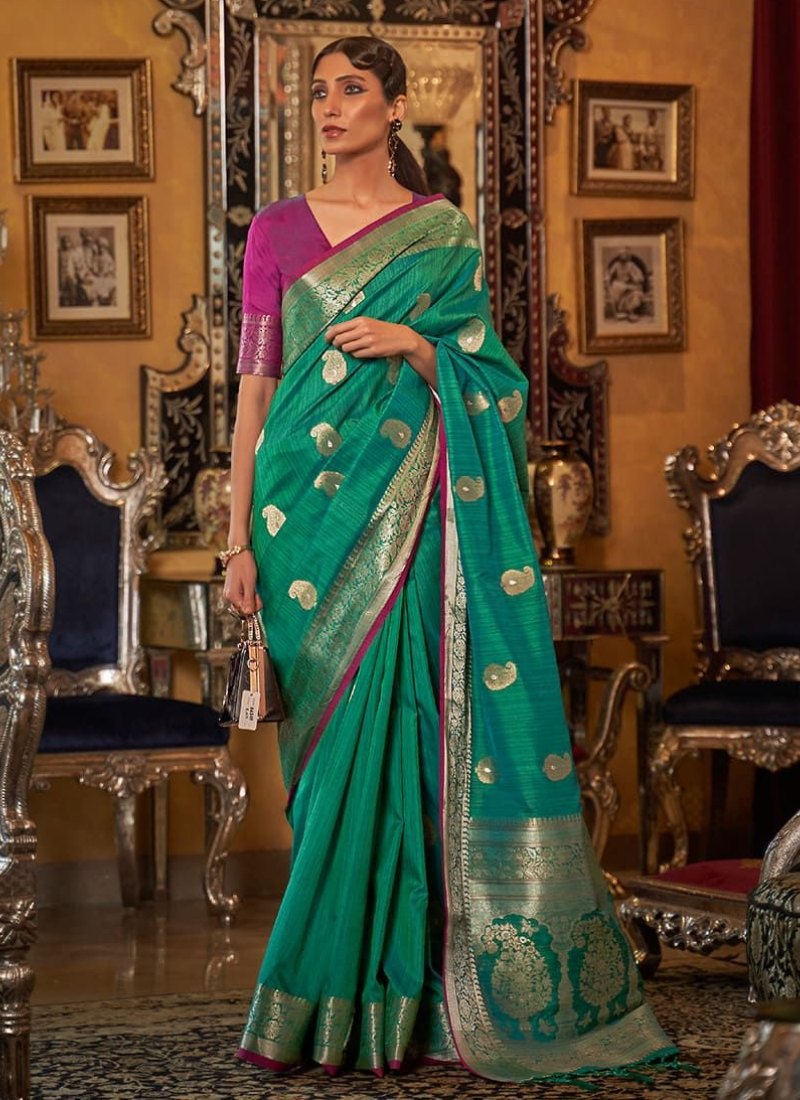 Trendy Tussar Silk Weaving Work Teal Green Saree With Contrast Blouse