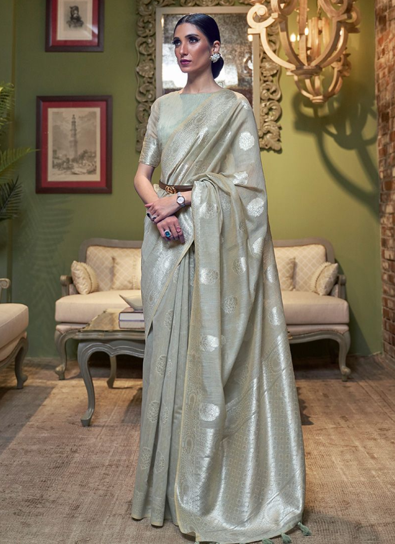 Lavish Light Grey Linen Wedding Wear Saree Online