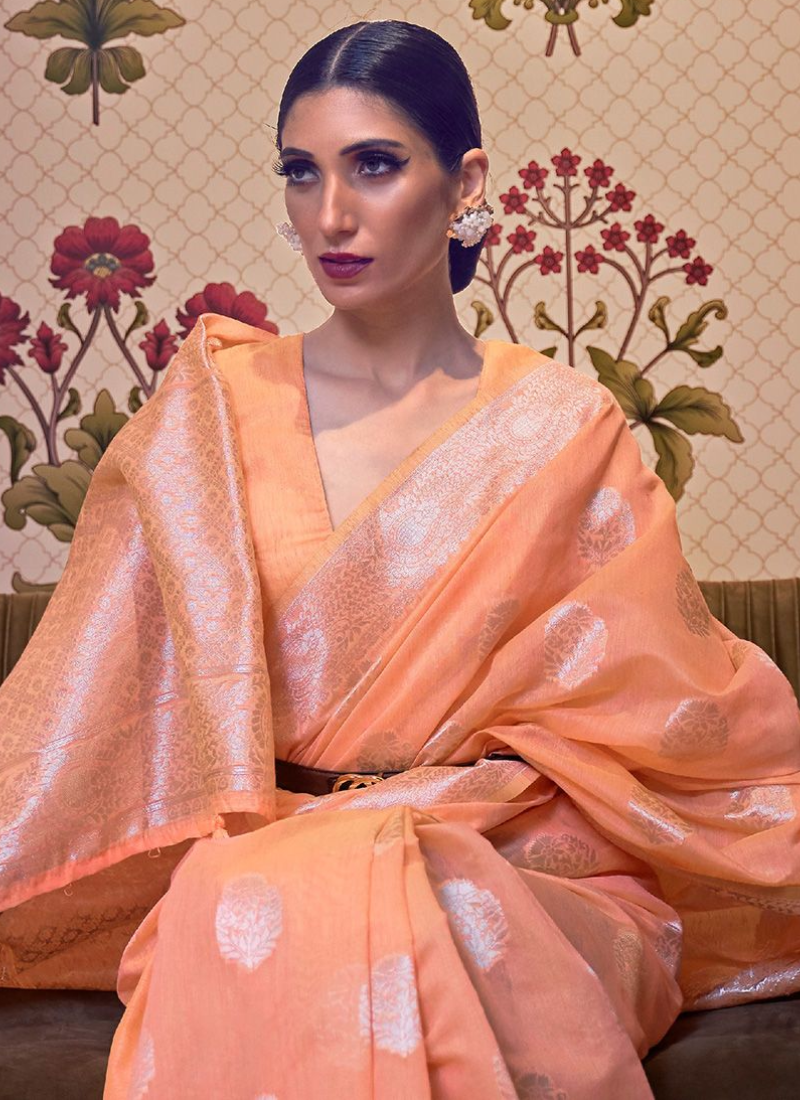 Stunning Orange Color Linen Weaving Work Saree For Ladies