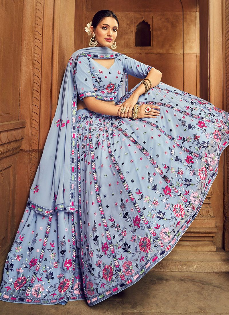 Classic Floral Thread Embroidered Sky Blue Georgette Lehenga