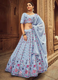Classic Floral Thread Embroidered Sky Blue Georgette Lehenga