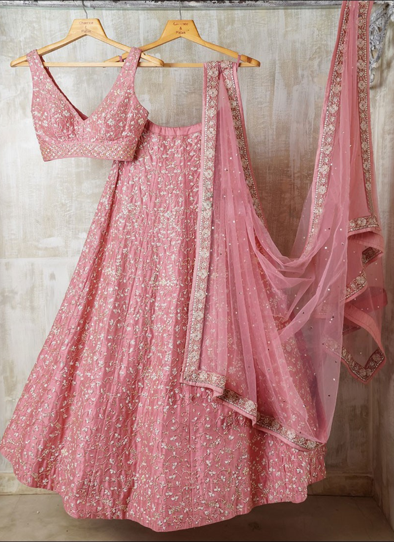 Sequence Work Malai Silk Pink Party Wear Lehenga Choli Design