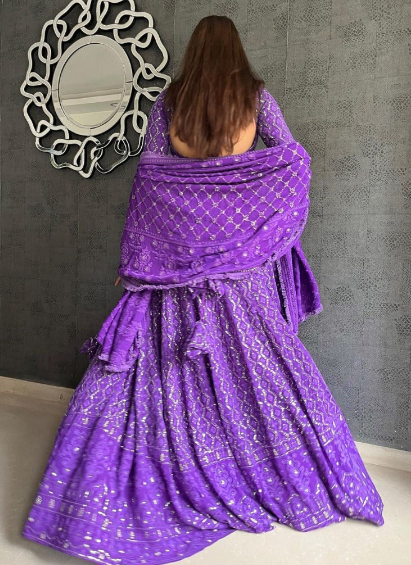Designer Purple Lakhnavi Thread Work Georgette Lehenga Choli