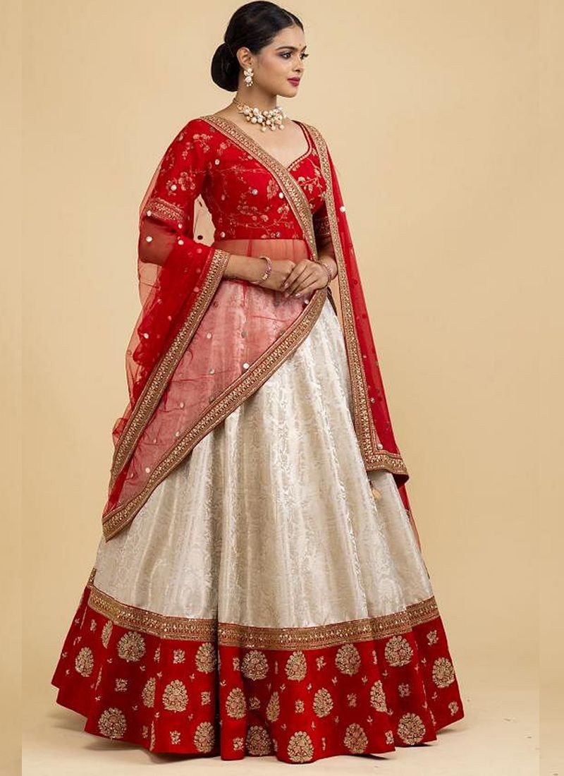 Embroidered White Banarasi Silk Wedding Wear Lehenga Choli