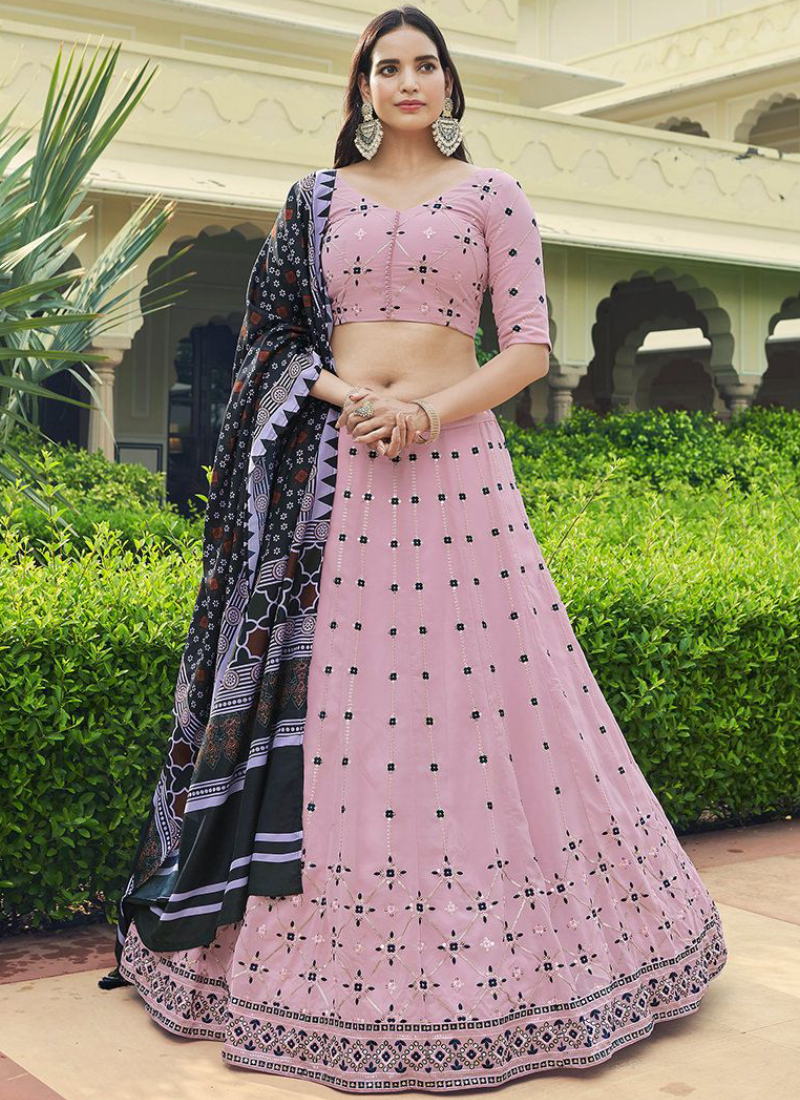 Excellent Thread Embroidered Dusty Pink Georgette Lehenga Choli