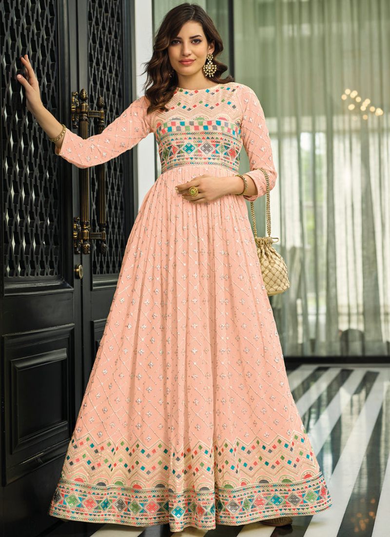 Readymade Peach Color Georgette Wedding Gown With Full Sleeve