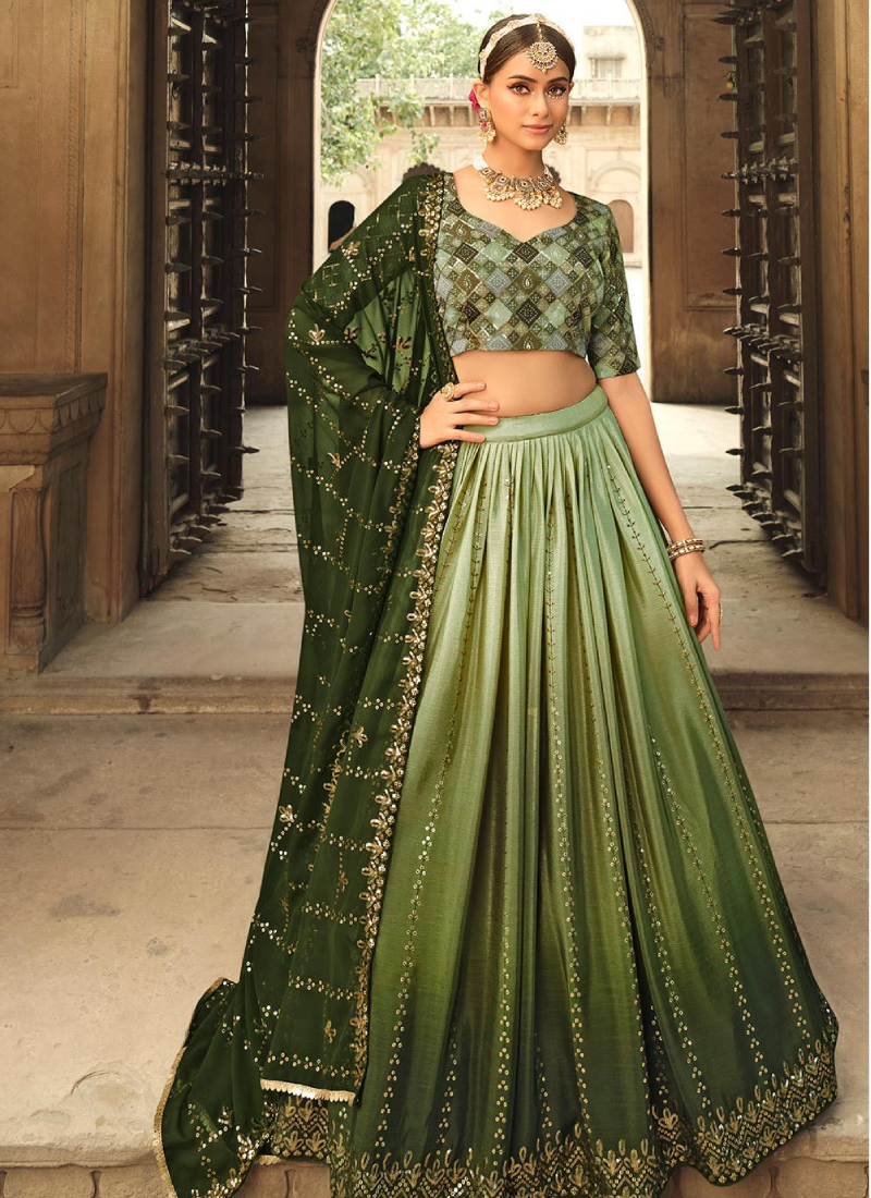 Mehendi Wear Shaded Green Silk Sequence Work Lehenga Choli
