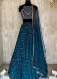 Party Wear Teal Blue Georgette Sequence Work Ruffle Lehenga