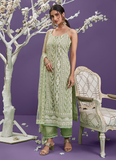 Lakhnavi Work Soft Net Pista Green Stylish Pant Suits for Ladies