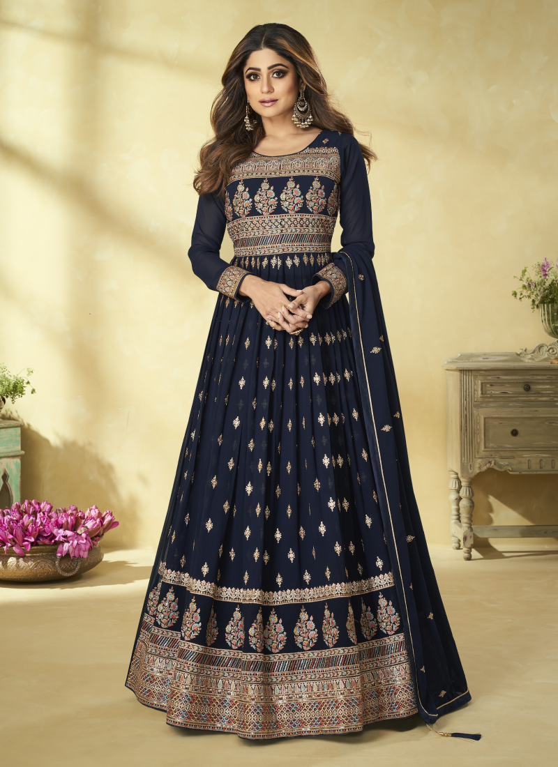 Pure Georgette Navy Blue Party Wear Suits for Women