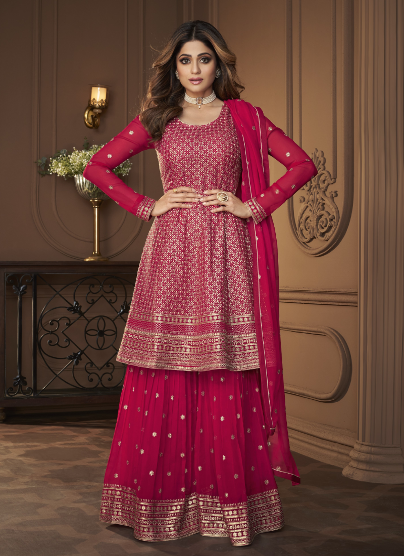 Bollywood Georgette Pink Sharara Suit With Flared Kameez