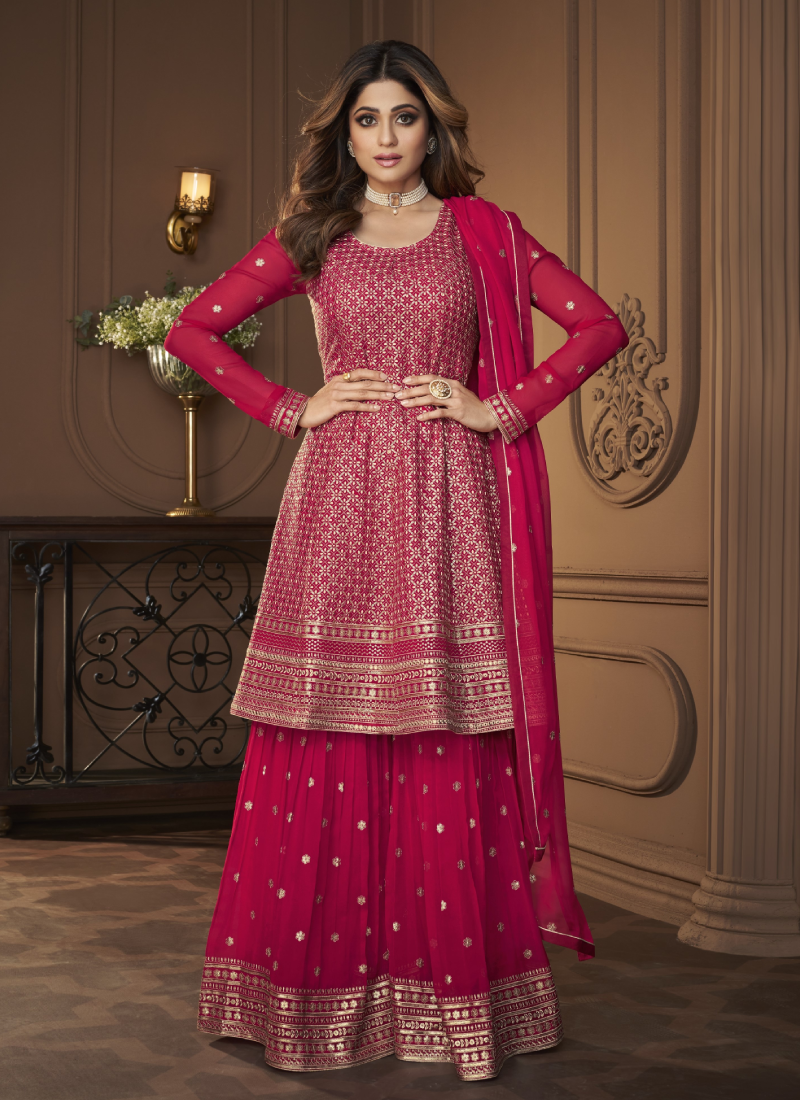 Bollywood Georgette Pink Sharara Suit With Flared Kameez Adore