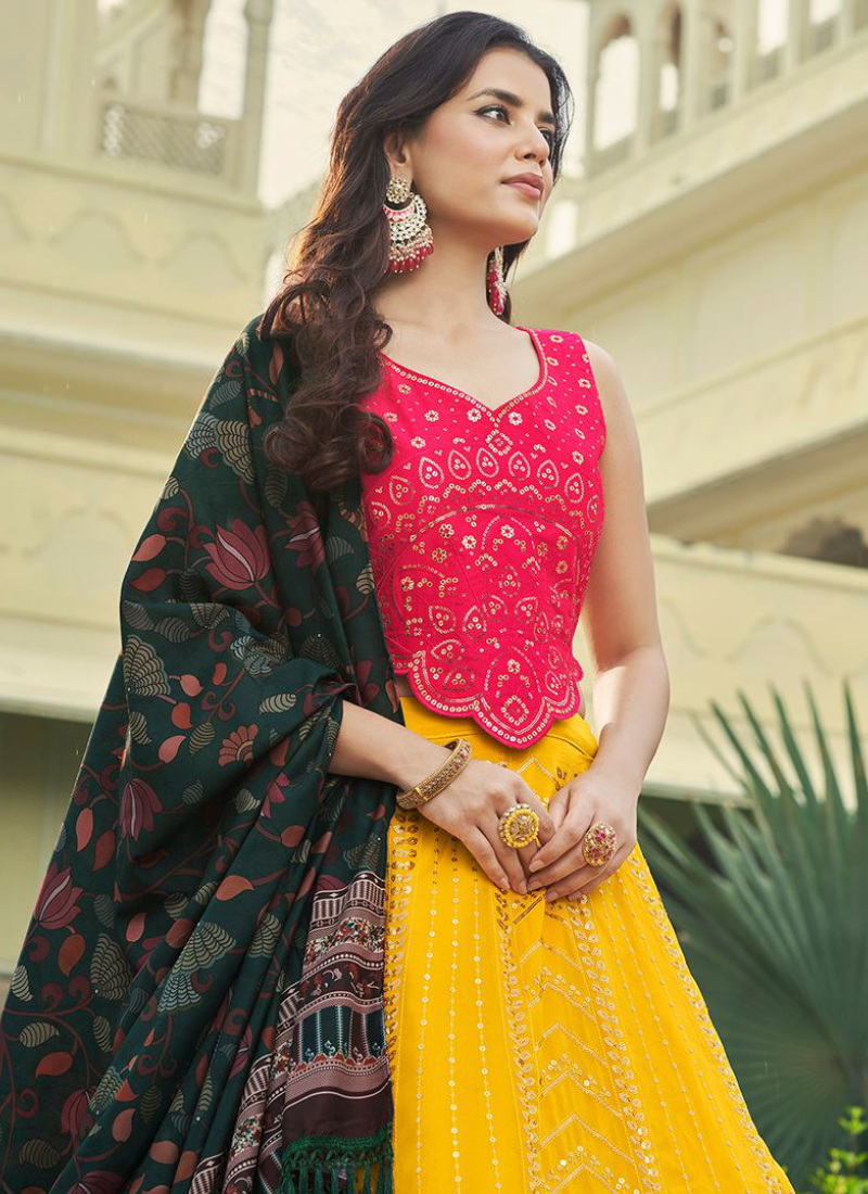 Sequence Embroidered Georgette Yellow Lehenga For Haldi Function