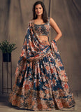 Elegant Navy Blue Organza Semi-Stitched Lehenga Choli with Dupatta Set