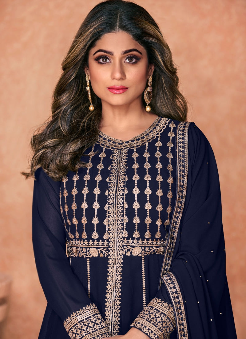 Navy Blue Georgette Embroidery Work Anarkali Suits for Wedding