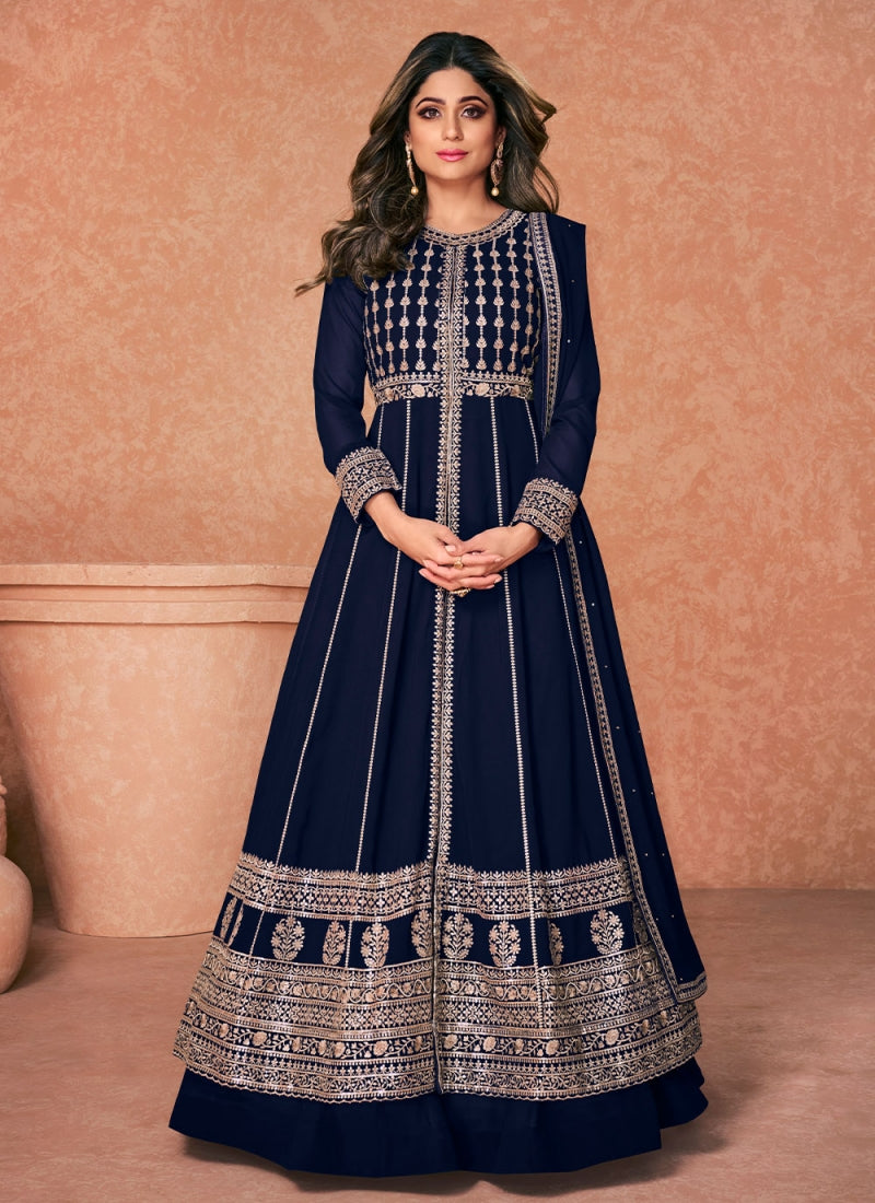 Navy Blue Georgette Embroidery Work Anarkali Suits for Wedding